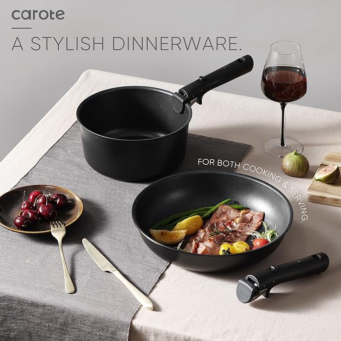 CAROTE 19Pcs Pots and Pans Set Non Stick Cookware Set Detachable Handle Nonstick Induction Kitchen Sets Non Stick with Removable Handle RV Cook Ware Oven Safe Black