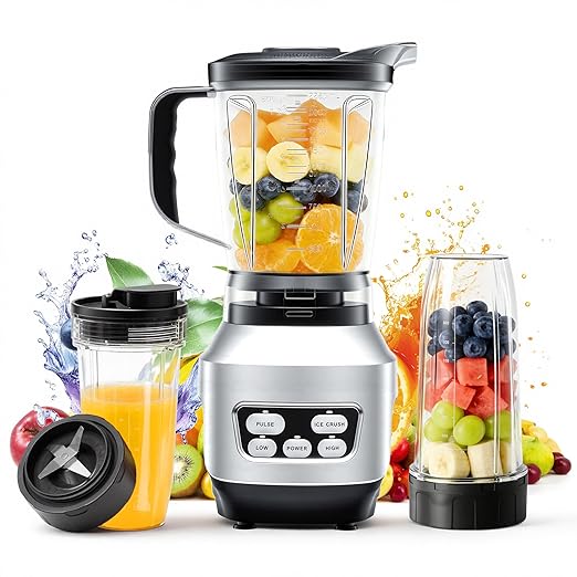 NEWBULIG Smoothie Blender with 6 Blades Countertop Blenders with 24 34 60 oz BPA-Free Cups Large Capacity Portable and Easy Clean for Kitchen Ice Crush Shakes Sauces Juice Silver