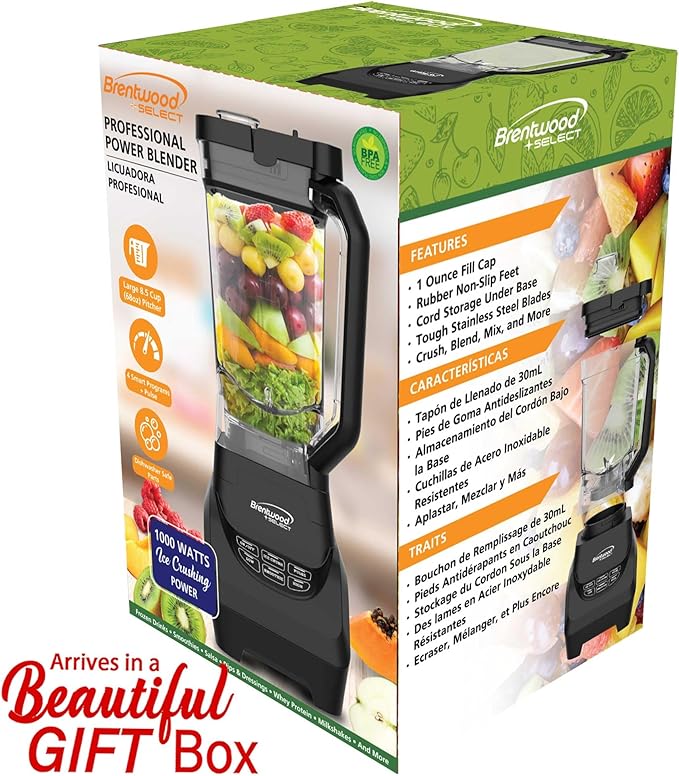 Brentwood Select JBS-1000BK Professional Smart Blender with 1000w Ice Crushing Power Large 8.5-Cup Plastic Jar Stainless Steel Blades Non-Slip Base Dishwasher-Safe Parts Black