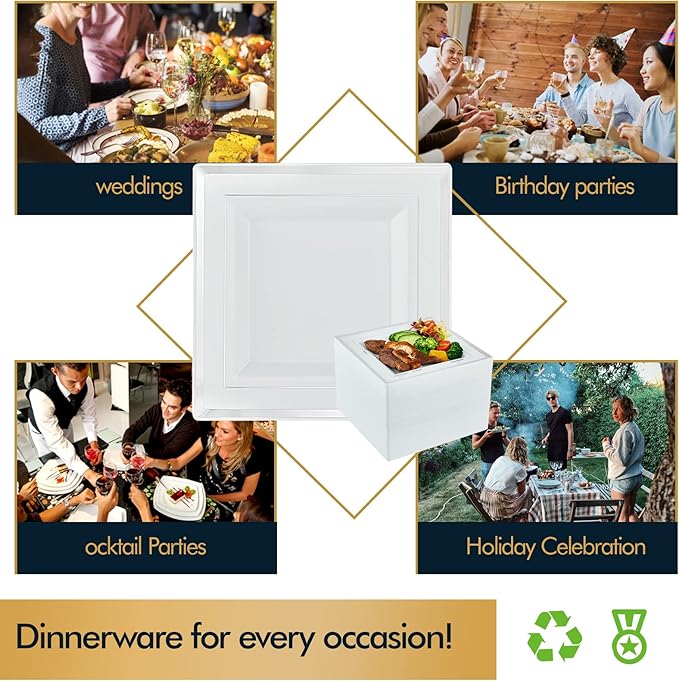 Vplus 90 Piece 9.5 Inch Silver Plastic Plates Disposable Heavy Duty White Elegant Durable Dinner Plastic Party Plates with Silver Rim Perfect for Party Christmas