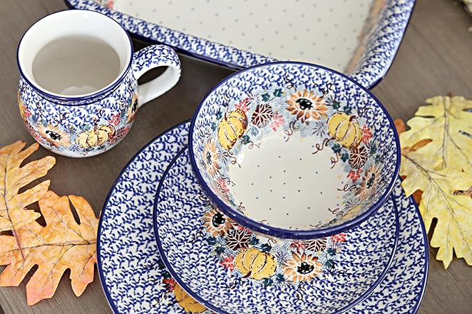 Blue Rose Polish Pottery - Brown Harvest Bounty 4 PC Place Setting - Service for 1-1 Place Setting - Great for Everyday Dining Casual Dining or as Formal Dinnerware