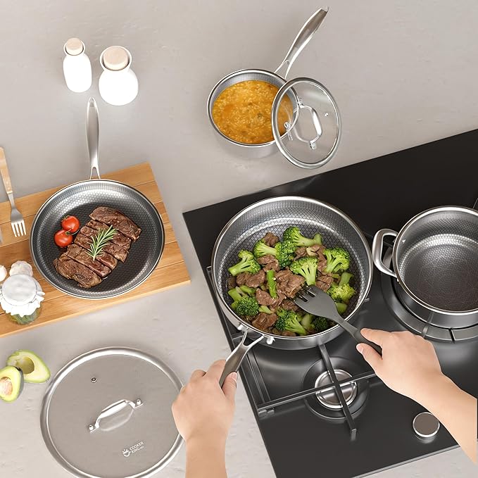 COOKER KING 7 PCS Stainless Steel Cookware Set Pots and Pans Set Non Stick Hybrid CookwareNon-Stick Frying Pan Saucepan Saute Pan &amp Stockpot Non-Toxic Oven Safe Induction Compatible