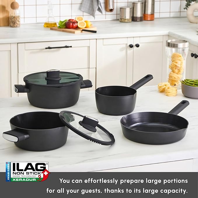 Karaca Swiss Crystal Ceramic Midnight Cookware Set - Non Stick Pots and Pans Set with Lid - PFAS-Free Dishwasher Safe Induction Hob Compatible Cookware Black 6 Piece