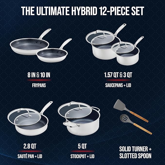 Blue Diamond Hybrid Nonstick Stainless Steel 12 Piece Cookware Set Tri-Ply PFAS-Free Ceramic Diamond Bond Pots &amp Pans Dishwasher &amp Oven Safe to 850F Induction Ready Metal Utensil Safe Sil