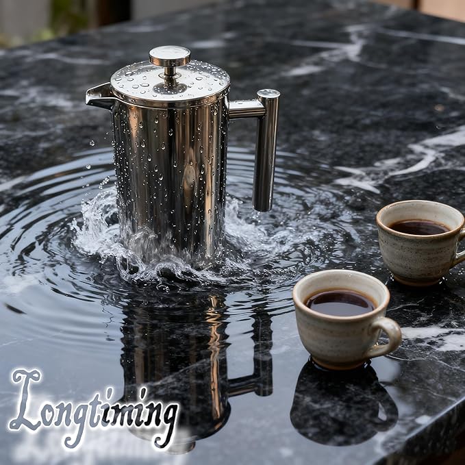 French Press Coffee Maker 34 Oz Dual-wall insulation easy clean durable Stainless Steel French Press Coffee Maker Food grade safe and reliable suitable for home and camping silver.