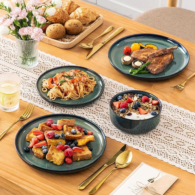 vancasso Starry 12 Pieces Dinnerware Sets for 4 Green Reactive Glaze Dishes Sets Ceramic Plates and Bowls Set Dinner Salad Dessert Plates and Cereal Bowls Set Dishwasher and Microwave Safe