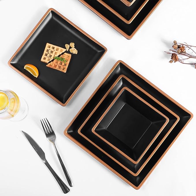 Melamine Dinnerware Sets Service for 4 Square Dinner Plates and Bowls Set12-Piece Set Non-breakable Lightweight Dinner Tableware for Indoor/Outdoor Use