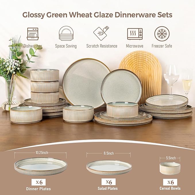 GBHOME 18-Piece Stoneware Dinnerware Set for 6 – Ribbed Ceramic Plates and Bowls Scratch-Resistant Microwave &amp Dishwasher Safe Reactive Glaze Mist Green