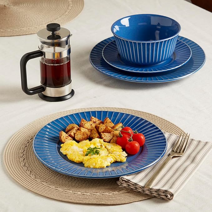 Tabletops Gallery Richmond 12-Piece Reactive Glaze Stoneware Dinnerware Set of Kitchen Dishes Dinner Plates Cereal Bowls Service for 4 Blue