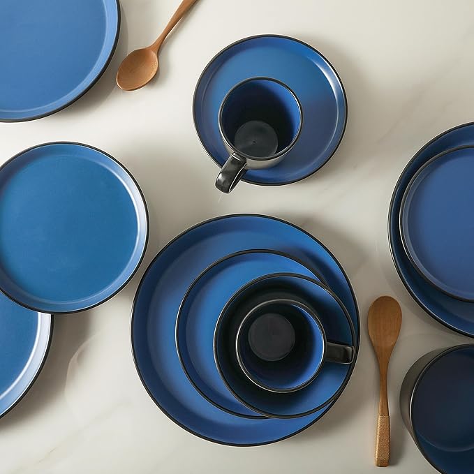 Stone Lain Albie Stoneware 16-Piece Modern Dinnerware Set Kitchen Plates and Bowls Sets Service for 4 Blue and Black Microwave &amp Dishwasher Safe