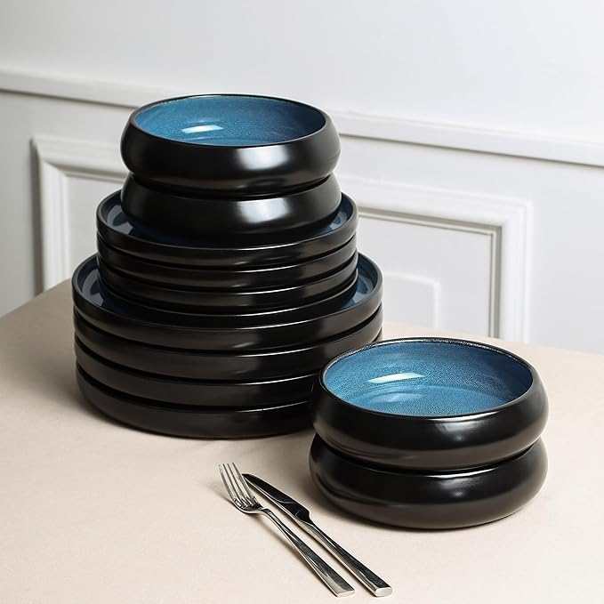Stone Lain Lagoon 12-Piece Dinnerware Set Stoneware Plates and Bowls set Microwave and Dishwasher Safe Dish Set for 4 Blue