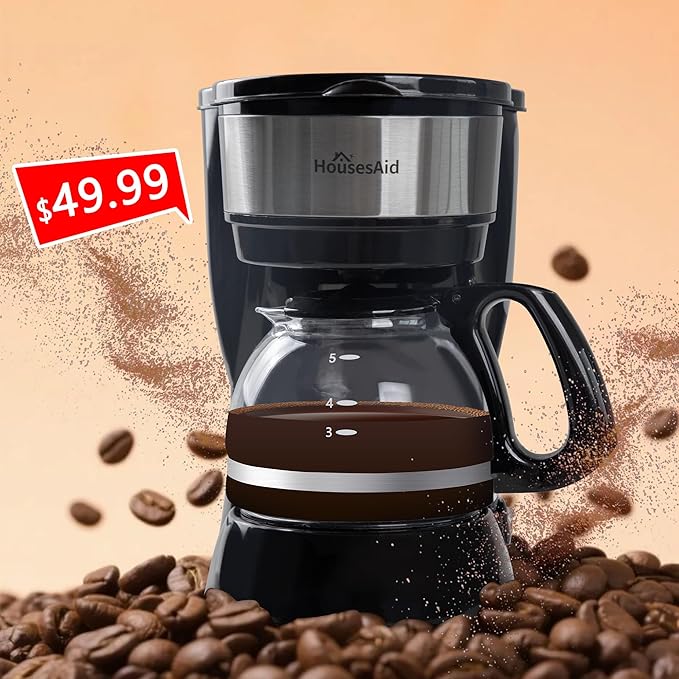 5 Cup Coffee Maker Compact Small Coffee Machine for 1-2 People 0.75L Glass Carafe 2-Hour Auto Shut-Off 650W Fast Brew Space Saving for Apartment Dorm &amp Office