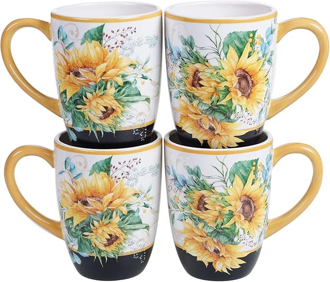 Sunflower Fields 16-Piece Ceramic Dinnerware Set – Great for Fall Gatherings Daily Meals Brunches or Hosting – Service for 4 Includes Dinner Plates Salad Plates Bowls &amp Mugs