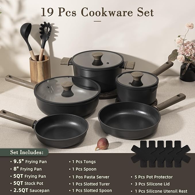 Astercook Non Stick Pots and Pans Set Healthy Non-Toxic Titanium Induction Kitchen Cookware Sets for Cooking with Frying Pans PFAS/PTFE/PFOA &amp PFOS Free Black 19 Pcs