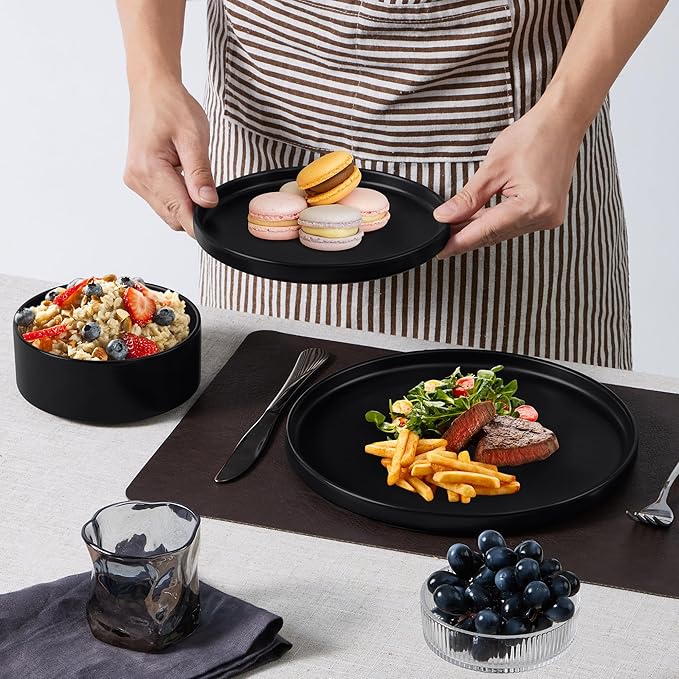E-far 8-Piece Black Plates and Bowls Sets - Stoneware Dinnerware Sets with Pasta Bowls for 2 | Matte Black Kitchen Modern Dish Set Microwave &amp Dishwasher Safe