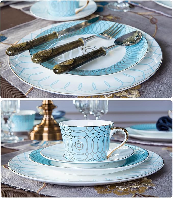 European Style Dinnerware Set Service for 4 Bone China Dinnerware Sets Unbreakable Porcelain Dinner Sets Coffee Cup and Saucer Tableware Set Steak Dinner Plates Dish Set blue