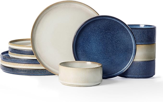 Famiware Star Dinnerware Set Plates and Bowls Sets for 4 (12pcs) Ribbed Stoneware Dishes - Chip &amp Scratch Resistant Microwave &amp Dishwasher Safe Multicolor - Cappuccino White &amp Nebulas