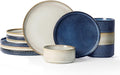 Famiware Star Dinnerware Set Plates and Bowls Sets for 4 (12pcs) Ribbed Stoneware Dishes - Chip &amp Scratch Resistant Microwave &amp Dishwasher Safe Multicolor - Cappuccino White &amp Nebulas