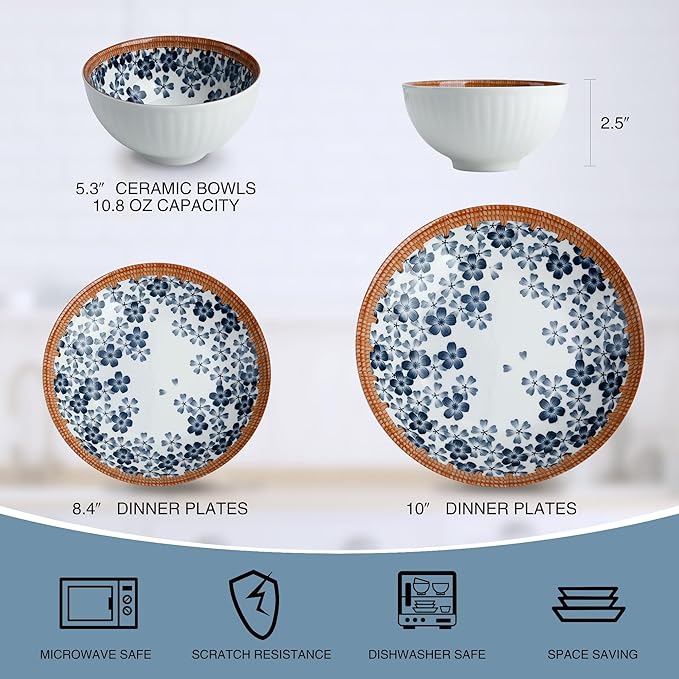 Sakura Blossom Dinnerware Set 12-Piece Porcelain Plates and Bowls Set for 4 Microwave and Dishwasher Safe