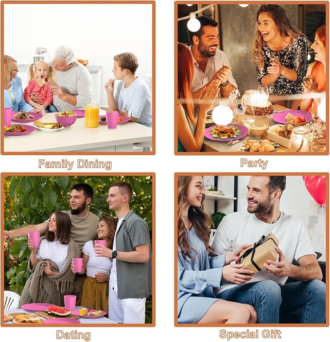 Wheat Straw Dinnerware Set 40 PCS | Service for 8 | Unbreakable Plates and Bowls Sets Plastic Reusable Dishes Sets Dinner Plates Cereal Bowls Water Cups Kitchen Set for Home RV- Pink
