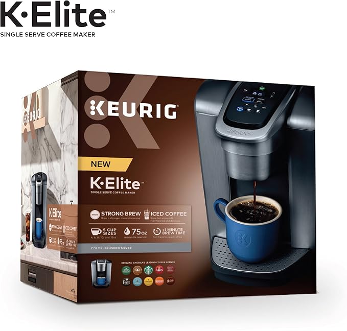 Keurig K-Elite Single Serve K-Cup Pod Coffee Maker with Strength and Temperature Control Iced Coffee Capability 8 to 12oz Brew Size Programmable Brushed Silver