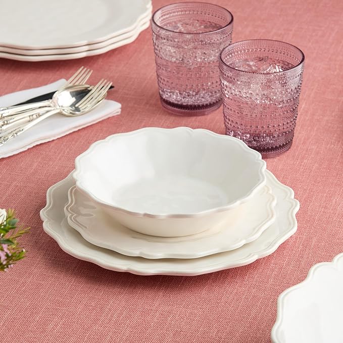 Isabella Cream 12-Piece Melamine Dinnerware Set for 4 – Crackle Glaze Plates &amp Bowls with Scalloped Edges Dishwasher Safe Durable Unbreakable Tableware for Indoor &amp Outdoor Dining