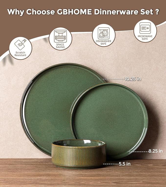 GBHOME Stoneware Dinnerware Sets for 4 12 Pieces Ceramic Ribbed Plates and Bowls Set Reactive Glaze Stackable Plate Sets Scratch Resistant Dishes Microwave &amp Dishwasher Safe Sage Green