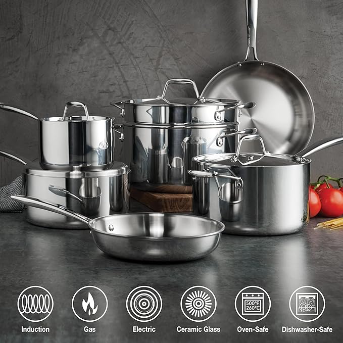 Tramontina Signature Tri-Ply Clad Stainless Steel 11-Piece Cookware Set with Lids Pots and Pans Kitchen Set Induction-Ready Dishwasher-Safe NSF-Certified