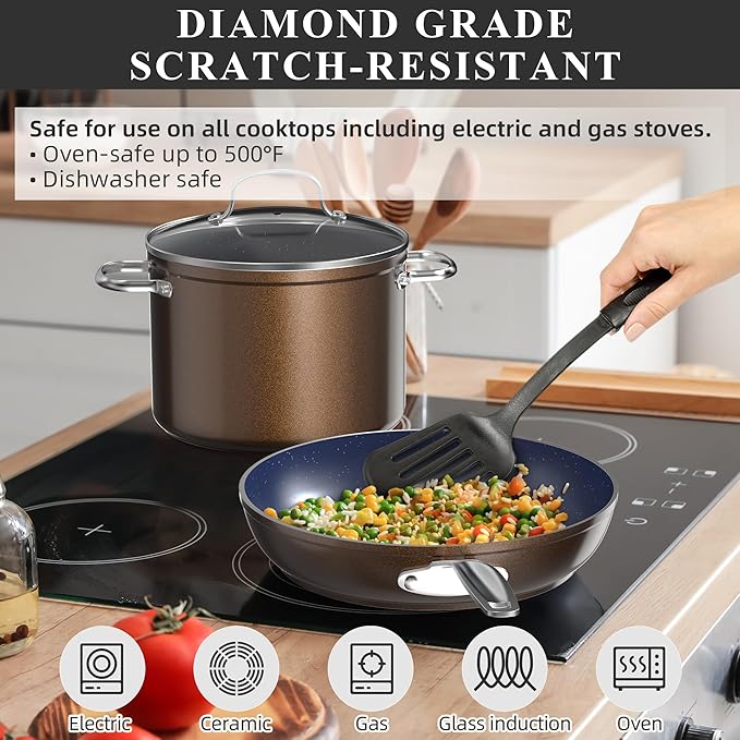 Nuwave Healthy Duralon Blue Ceramic Nonstick Cookware Set Diamond Infused Scratch-Resistant PFAS Free Dishwasher &amp Oven Safe Induction Ready &amp Evenly Heats Tempered Glass Lids &amp Stay-