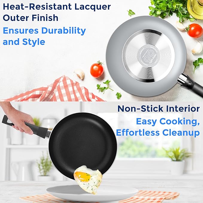 SereneLife Kitchenware Pots and Pans Set Basic Kitchen Nonstick Cookware Set Heat Resistant Lacquer (6-Piece Set) One Size Gray