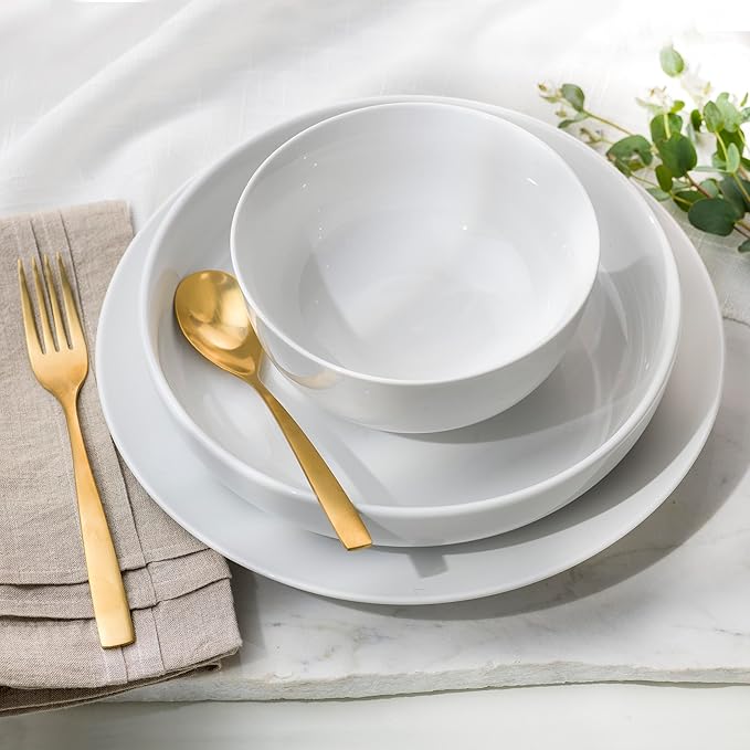 Euro Ceramica White Essential 12 Piece Fine Porcelain Double Bowl Dinnerware Set Service for 4