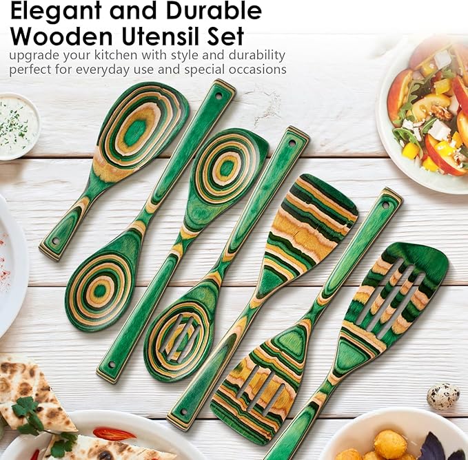 Wooden Spoons for Cooking Pakkawood Kitchen Utensil Set Oasis Color Premium Durable Wooden Utensils for Nonstick Cookware Heat Resistant Smooth Finish Comfortable Grip 7 Piece