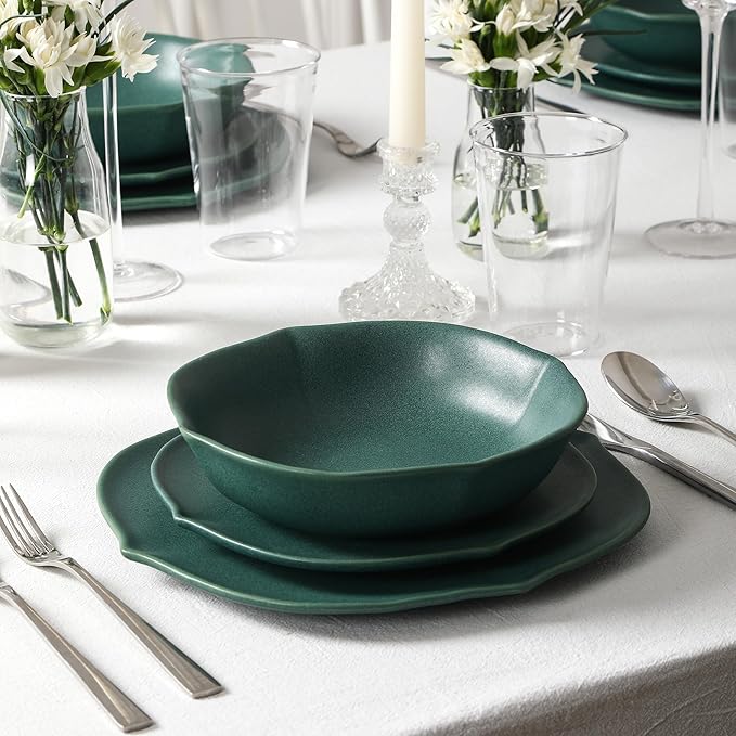 Stone Lain Baskerville 16-Piece Dinnerware Set Stoneware Borosilicate Glass Green