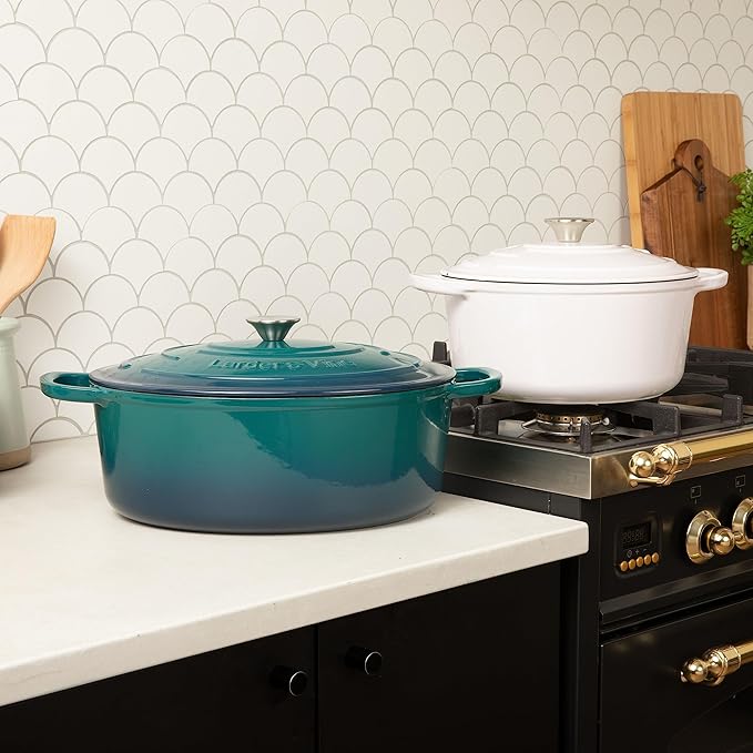 Larder &amp Vine 6-Piece Enameled Cast Iron Pan Cookware Sets Includes 8 Quart and 5.7 Quart Dutch Oven with Lids Braiser/Crock Pot with Lid (White)