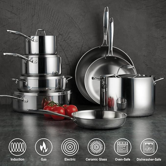 Tramontina Signature Tri-Ply Clad Stainless Steel 13-Piece Cookware Set with Lids Pots and Pans Kitchen Set Induction-Ready Dishwasher-Safe NSF-Certified