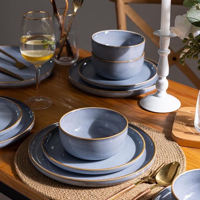 GBHOME Ceramic Dinnerware Sets for 4 12 Pieces Stoneware Plates and Bowls Sets Scratch Resistant Dishe Set for Dinner Dishwasher &amp Microwave Safe Brunnera Blue