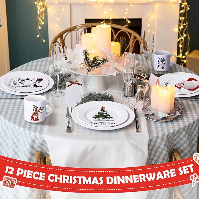 12 Piece Christmas Melamine Dinnerware Set for 4 Guest 10 Dinner Plates 8 Salad Plates 9 oz Mug Shatterproof Xmas Dishes Gift for Home Party Festive Holiday Celebrations