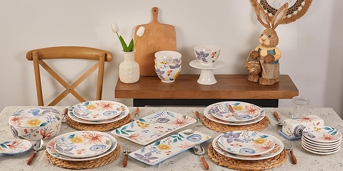 Bico Blossom Symphony Ceramic 12 pcs Dinnerware Set Service for 4 Inclusive of 11 inch Dinner Plates 8.75 inch Salad Plates and 29oz Cereal Bowls for Party Microwave &amp Dishwasher Safe