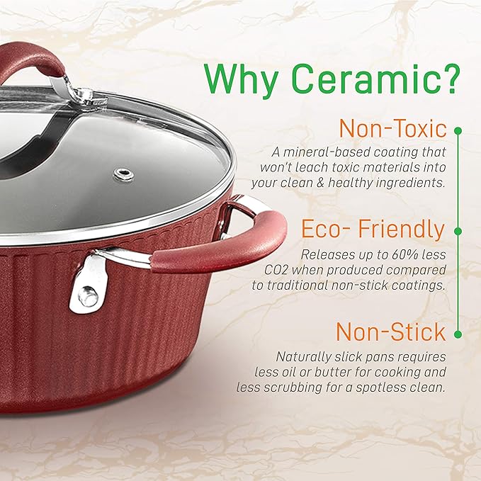 NutriChef Non-stick Kitchenware Pots &amp Pans - 11 Pcs. Stylish Kitchen Cookware Set w/Elegant Lines PatternGray Inside &amp Red Outside Metal + Silicone Handle PTFE/PFOA/PFOS Free - NCCW11RDL