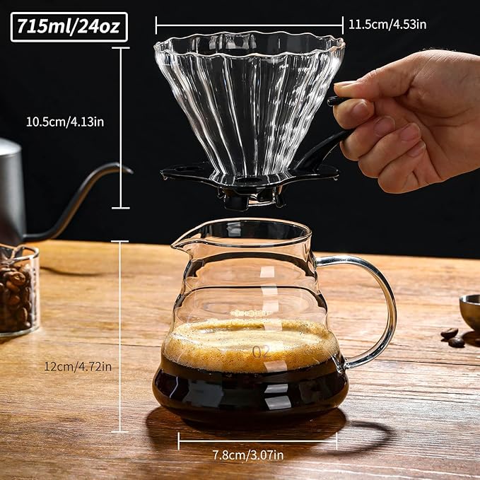 Unbreakable - Pour Over Coffee Maker 720ML/24OZ Heat Resistant Borosilicate Glass Dripper with Filter Holder BPA-Free Manual Coffee Brewer for Home and Office Use