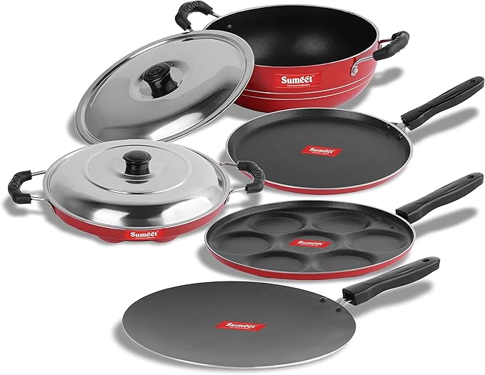 Sumeet Non-Stick Aluminum Cookware Set (Dosa Tawa - 26.5 cm Multi Snack Maker - 26.5 cm D Kadhai with Lid 1.5 L Grill Appam Patra with Lid - 23 cm Concave Tawa -28 cm 2.6 mm Thick Ruby Red)