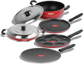 Sumeet Non-Stick Aluminum Cookware Set (Dosa Tawa - 26.5 cm Multi Snack Maker - 26.5 cm D Kadhai with Lid 1.5 L Grill Appam Patra with Lid - 23 cm Concave Tawa -28 cm 2.6 mm Thick Ruby Red)