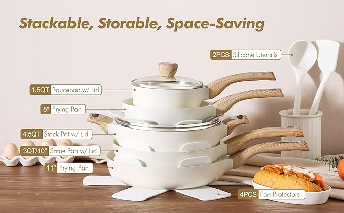 SENSARTE Ceramic Cookware Sets Pots and Pans Set Non stick Granite Induction Cookware Non toxic Healthy Non Stick Kitchen Cooking Set with Frying Pans Set PFAS PTFE PFOA PFOS Free14 Pcs