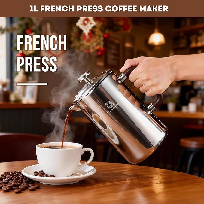 1L/34 Oz French Press Coffee Maker304 Stainless Steel Coffee PressDurable &amp Easy CleanLeak-Proof DesignPrensa Francesa Para Cafe for HomeOfficeCamping (Silver-Upgrade)