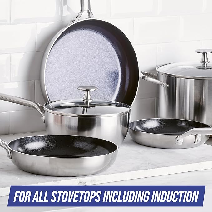 Blue Diamond 11 Piece Cookware Set Stainless Steel Tri-Ply Induction Compatible Diamond Infused Ceramic Nonstick PFOA and PFAS Free Dishwasher Safe Metal Utensil Safe Scratch Resistant Silver