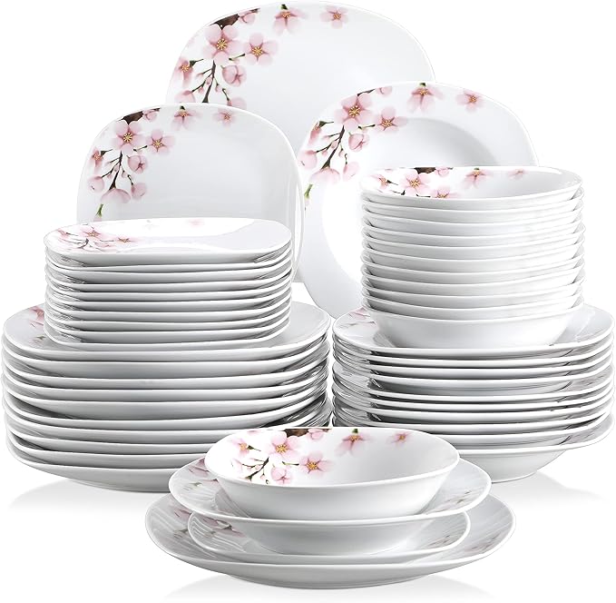 VEWEET Series Annie 48-Piece Ivory White Ceramic Porcelain Dinnerware Set with Pink Floral Pattern - Service for 12