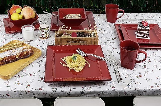 16 Piece Square Beaded Stoneware Dinnerware Set by Lorren Home Trends Red