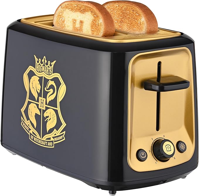 Warner Brothers Harry Potter 2-Slice Toaster by Select Brands Imprints Hogwarts Crest and Harry Potter Glasses on Toasted Bread Black and Gold WBH-26TS