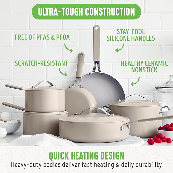 GreenLife 10-Piece Nonstick Ceramic Cookware Set Lightweight Healthy PFAS-Free Pots &amp Pans with Lids Dishwasher &amp Oven Safe Durable Body Silicone Stay-Cool Handles Easy Release Taupe