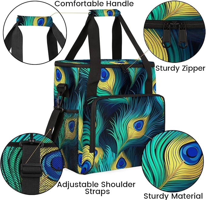 Peacock Bird Feathers Travel Coffee Maker Carrying Bag Large Organizer Storage Tote Bag Insulated Reusable Cooler Grocery Bags
